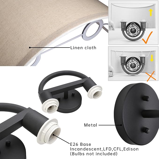 Industrial 2-Lights Wall Sconce Fixtures with Linen Fabric Shade, Double Wall Light Lamps Decor for Hallway Bedroom Living Room Bathroom Stairway