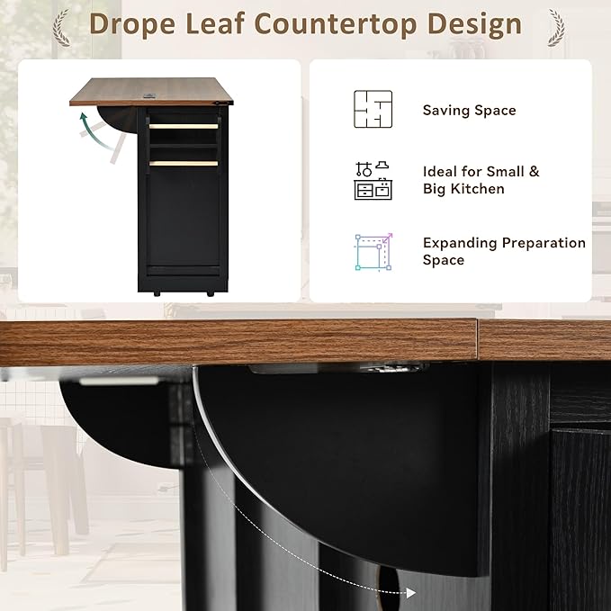 Kitchen Island with Power Outlet & Drop Leaf, 54" Kitchen Rolling Island on Wheels with Spice Rack & Towel Rack, Kitchen Island Cart with Storage, Black