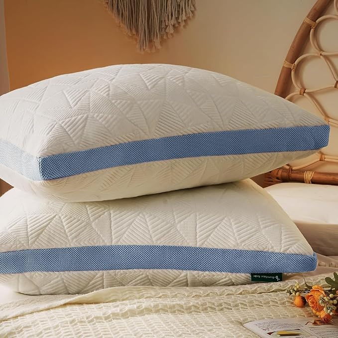 BETU Cooling Pillows Standard Size Set of 2, Shredded Memory Foam Cool Pillows for Hot Sleepers, Adjustable Firm Soft Support Bed Pillows Perfect for Back Neck Pain and Side Sleeping, Blue
