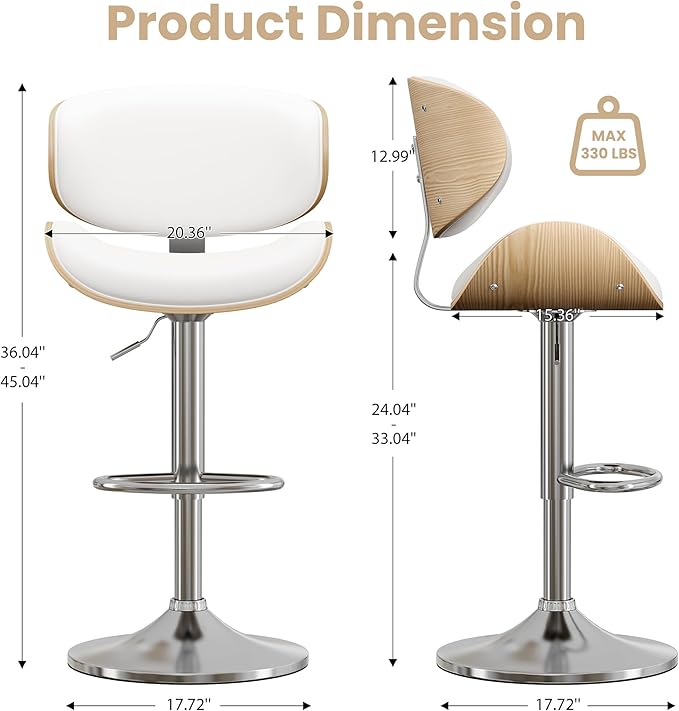 Bar Stools, Kitchen Counter Bar Stool Island Barstool with Back Set of 3, Snow White