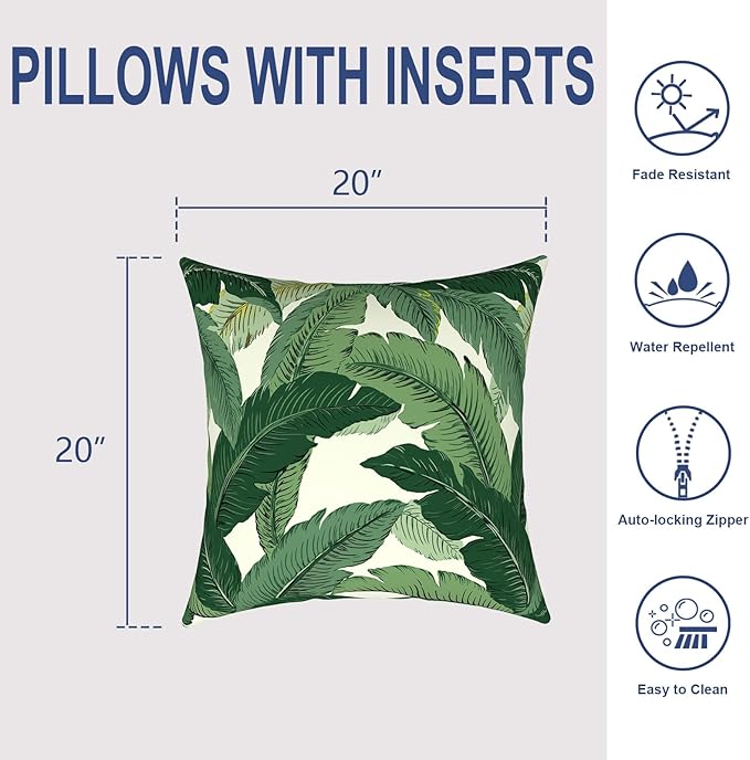 Outdoor Throw Pillows with Inners, All Weather Patio Pillows Set of 2, Square Pillows Decorative for Home Garden Furniture, 20x20 Inch, Swaying Palms Green