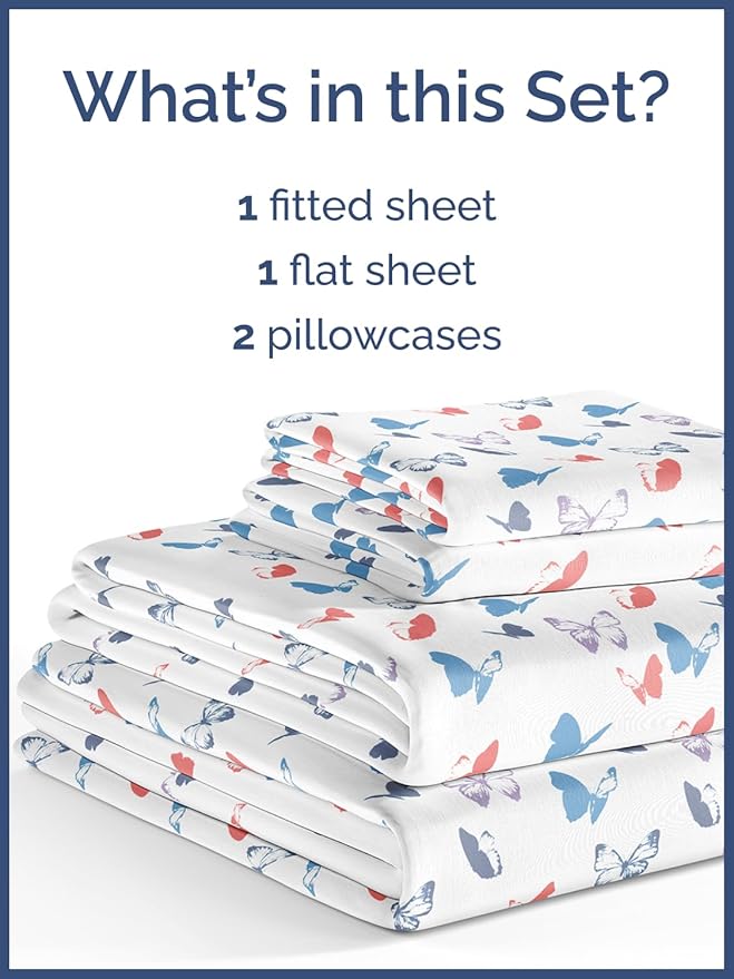 Kids Full Size Butterfly Bed Sheets - 4 Piece Butterfly Sheet Set - Insect Themed Bedding - Soft, Cute & Cozy - Breathable & Machine Washable - Whimsical Bed Set for Boys, Girls, Teens and Toddlers