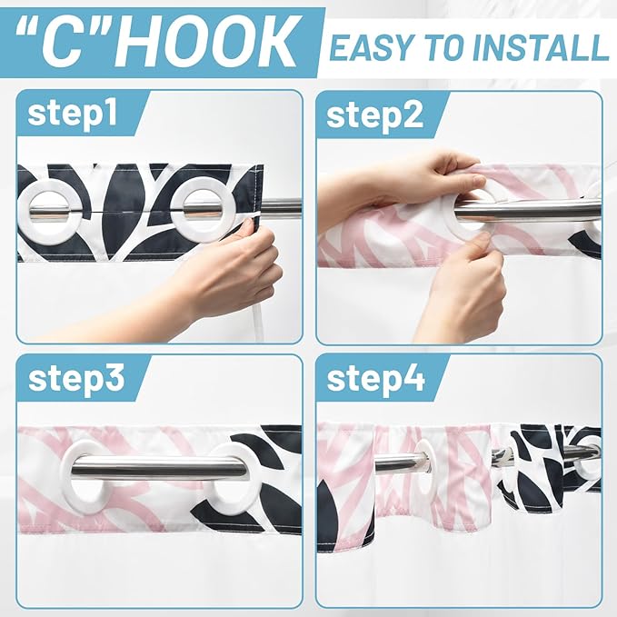 No Hook Shower Curtain with Snap in Liner - Dahlia Floral Shower Curtain - Fabric Waterproof Inner Liner, Plants Pink Grey Flowers Modern Cloth Shower Curtains - Machine Washable, 71 x 74