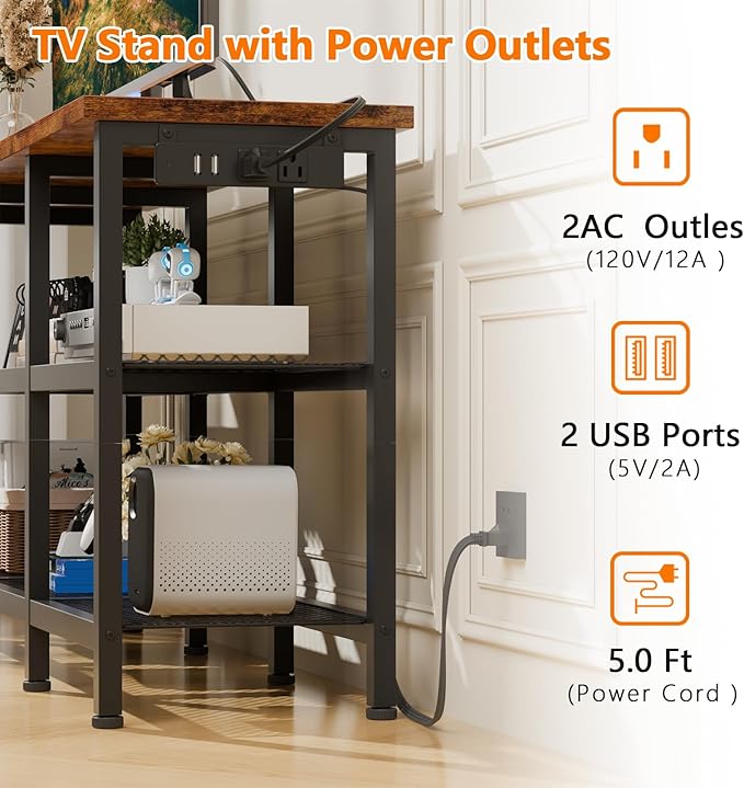 Furologee TV Stand with Power Outlets, Small Entertainment Center with Open Storage Shelves, Media Console Center for TVs up to 50 Inch, Television Stands for Living Room/Bedroom, Rustic Brown