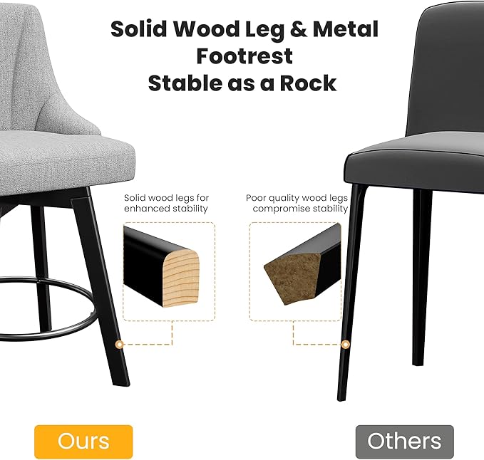 Swivel Bar Stools with Backs, 24" Counter Height Bar Stools Set of 8, Fabric Upholstered Counter Barstools with Solid Wood Legs for Kitchen Island, Home Bar, Light Gray