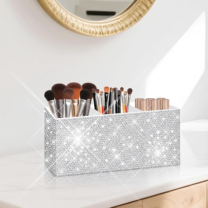 Bling Makeup Brush Holder Organizer, 3 Slot Sparkle Cosmetics Brushes Storage Holders with Shiny Crystal Rhinestones, Glitter Cute Pen and Pencil Holder for Desk, Eyeliners Display Case for Vanity
