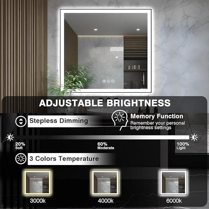 36x36 Square LED Bathroom Mirror - Black Aluminum Framed (Front and Backlit), Anti-Fog Vanity Mirror with Lights, Stepless Dimmable Lighted Mirror,3 Colors Smart Mirror(Horizontal/Vertical)