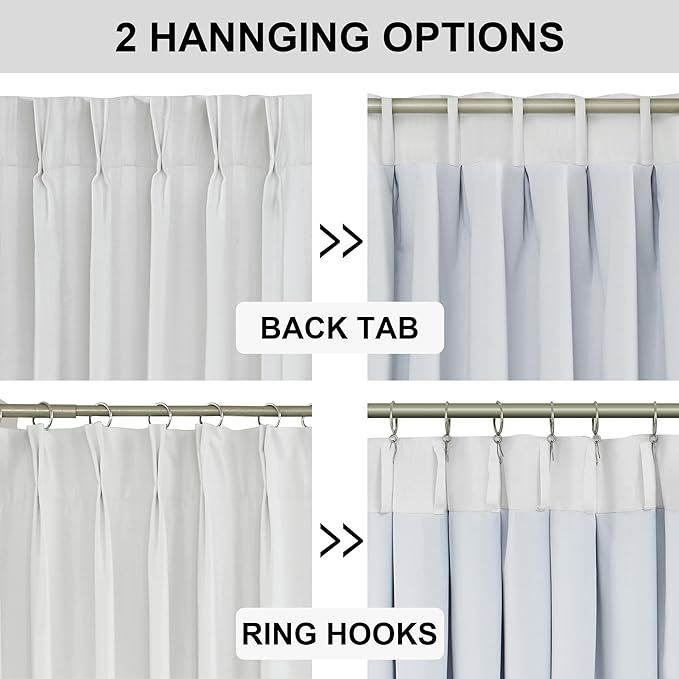 Vision Home White Pinch Pleated Full Blackout Curtains Thermal Insulated Window Curtains 112 inch for Living Room Bedroom Room Darkening Pinch Pleat Drapes with Hooks Back Tab 2 Panel 40" Wx112 L