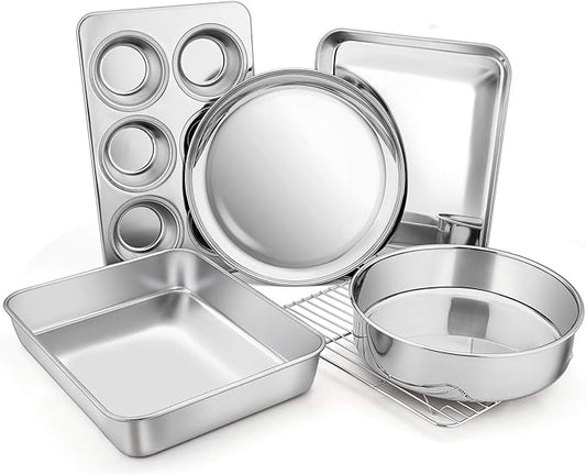 Toaster Oven Bakeware Set, E-far 6-Piece Stainless Steel Small Baking Pan Set, Include Cake Brownie Pan/Cookie Sheet with Rack/Muffin Tin/Pizza Pan, Non-Toxic & Healthy, Easy Clean & Dishwasher Safe