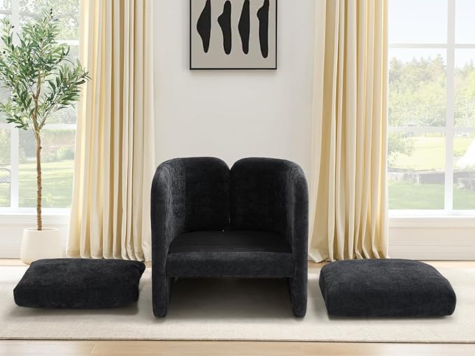 Modern Barrel Accent Chair, Mid-Century Beige Chenille Fabric Armchair for Living Room, Comfy Upholstered Reading Accent Chairs Single Sofa Chair for Bedroom Waiting Room Office,1 PCS, Black