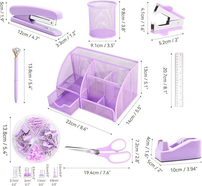 yuun Desk Organizers and Accessories, Purple Office Organizer for Women Storage with Stapler, Tape Holder, Clips Set, Staple Remover, Scissor, Pen Holder, Ruler, Pen, Staples and Transparent Glue