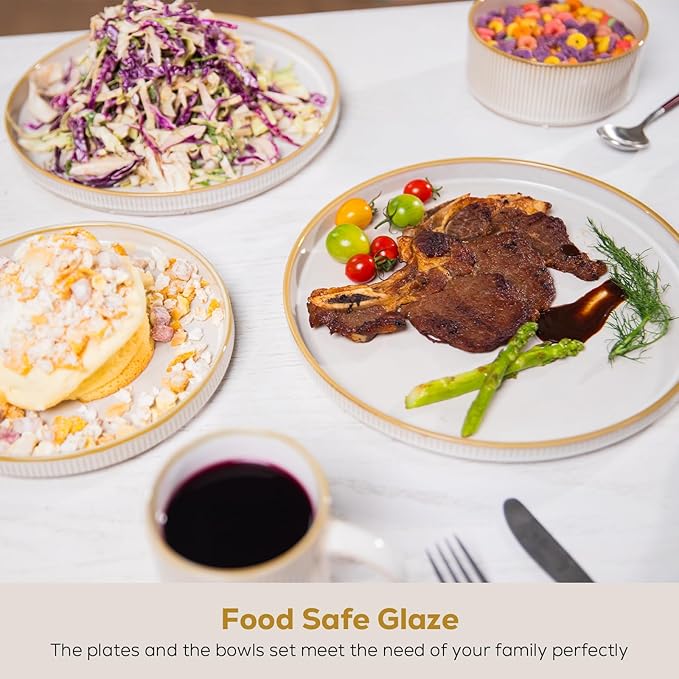 Romswi Dinnerware Set for 4, 16Pcs Stoneware Plates and Bowls Sets with Mugs, Chip & Scratch Resistant Dish Set, Handmade Reactive Glaze Plate Set, Oven,Microwave and Dishwasher Safe, Cappuccino White