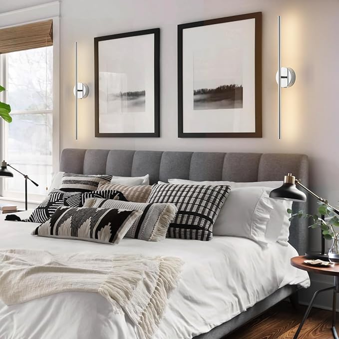 Battery Operated Wall Sconces with Remote Control, Dimmable Wall Sconces Set of Two, 350°Rotate, 3000K LED Chrome Wireless Wall Light for Living Room, Bedroom,Hallway, 32.2 Inch (2 Pack)