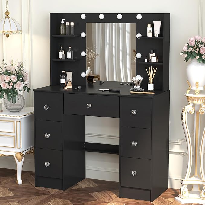JBLCC Black Vanity Desk with Mirror and Lights, 39.4''W Makeup Vanity with 3-Color Lighted Mirror, 7 Drawers & Open Shelves, Big Vanity Table for Bedroom, Girls & Women