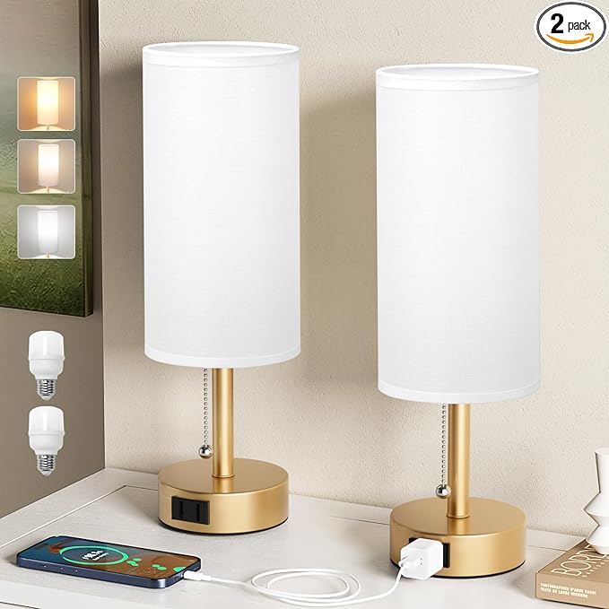 Gold Bedside Table Lamps Set of 2-3 Color Temperatures Pull Chain Lamp with AC Outlet Charging Port, Two Round Night Stand Lamps for Bedroom Office Living Room