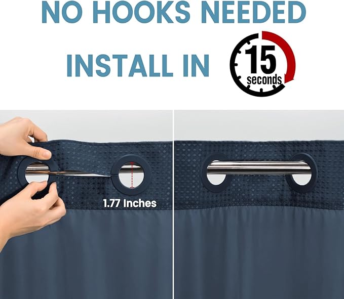 Navy Blue Long No Hook Shower Curtain with Snap in Liner,230GSM Waffle Weave Shower Curtains for Bathroom,71W x 86H