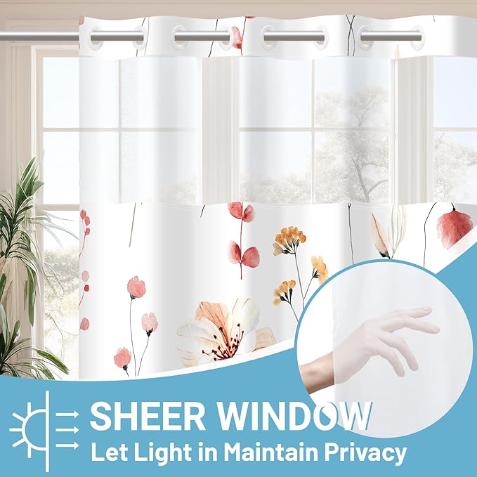 No Hook Shower Curtain with Snap in Liner - Floral Shower Curtain - Fabric Waterproof Inner Liner, Plants Watercolor Coral Modern Cloth Shower Curtains - Machine Washable, 71 x 74