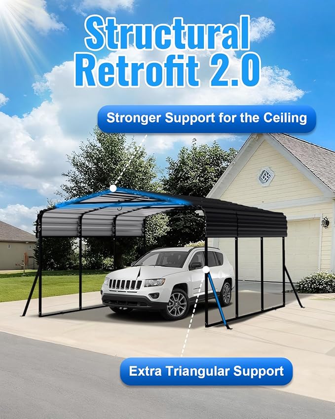 10x15FT Metal Carport, Heavy Duty Carport with Reinforced Frame & Side Support Poles for All-Weather, Outdoor Car Port Suitable for Parking Pickup, Boat, Car, and Tractor