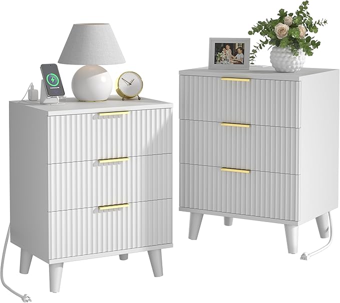 Lulive Wood Nightstand Set of 2 Fluted Dresser for Bedroom 3 Drawers Night Stand with Charging Station, Storage Modern Side Table White