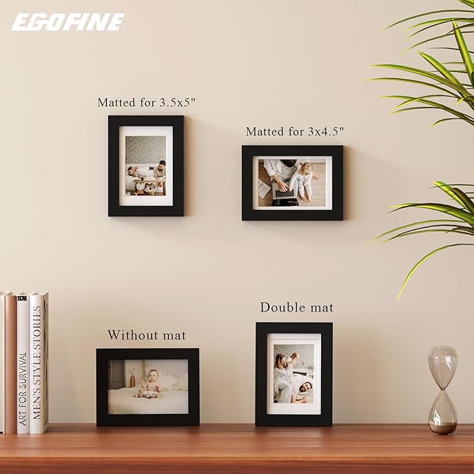 Egofine 4x6 Picture Frame Made of Solid Wood with Plexiglass, Display Pictures 3.5x5 with Mat or 4x6 Without Mat for Tabletop and Wall Mounting, Black