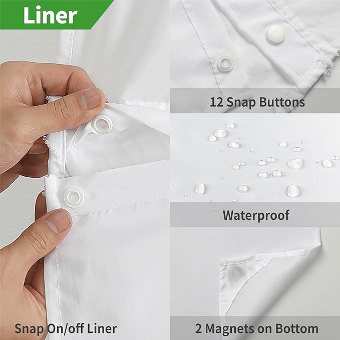 Long No Hook Shower Curtain and Liner Set,Boho Style with See Through Top Window,White Fabric Tufted Striped Textured Outer Curtain with Snap in Liner, White,71Wx80H