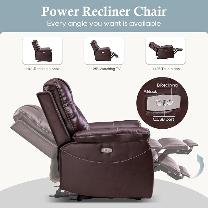 Power Recliner Chair,Wall Hugger Recliner with Heat and Massage,PU Leather Recliner Chair with 2 Side Pockets, USB & Type-C Port, Electric Recliner Chair for Living Room
