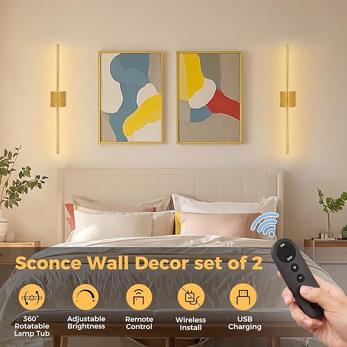 DORESshop Battery Operated Wall Sconces Set of Two with Remote Control, Rechargeable Wall Sconce, 350°Rotate Dimmable Wireless Wall Sconce for Living Room, Hallway, Bedroom, 29 Inch, Gold(2 Pack)
