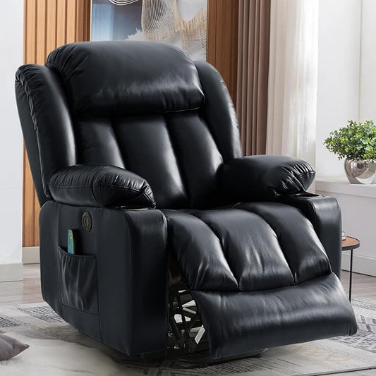 Power Lift Recliner Chair for Elderly, Electric Recliner Chairs for Adults with Massage and Heat, Cup Holders, Remote Control, USB Ports, Side Pockets, Leather (Ink Black) ﻿