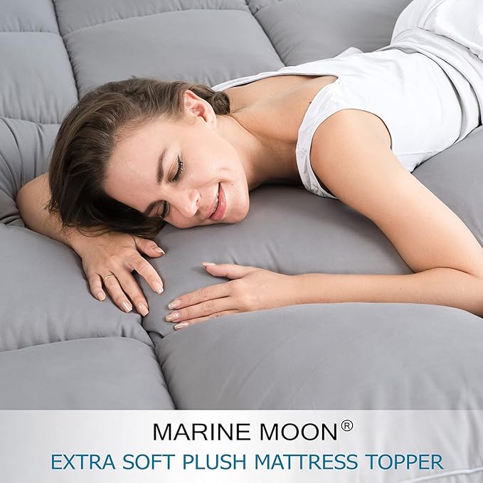 Marine Moon King Mattress Topper Cooling Extra Thick Plush Pillow Top Mattress Pad Hotel Quality Down Alternative for King Size Bed, Soft Bed Toppers for Back Pain, Grey