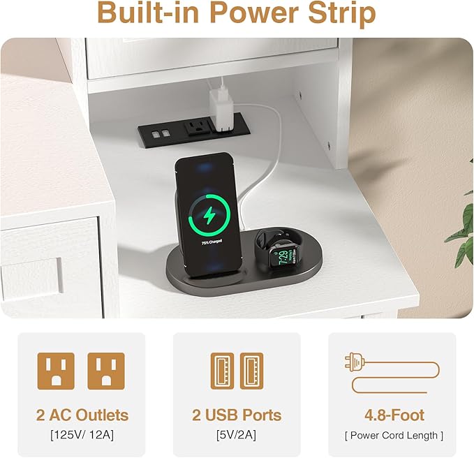 Anmytek Makeup Vanity Desk with Mirror and Lights, Dressing Table with 2 Large Drawer & 2 Storage Cabinet,Vanity Desk with Power Strip, 36" Mirror with 3 Lighting Modes, Suitable for Bedroom, White