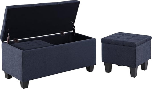 Set of 3 Hinged Storage Ottoman, 38'' Ottoman Bench with Storage and Thick Seating, End of Bed Bedroom Bench Window Bench with 2pcs Small Foot Rest (Blue - Fabric)