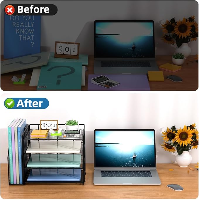 Marbrasse Desk Organizer and Accessories，4-Tier Paper Letter Tray Organizer with File Holder，Desk Accessories & Workspace Desktop Organizers for School Home Office Supplies (Black)