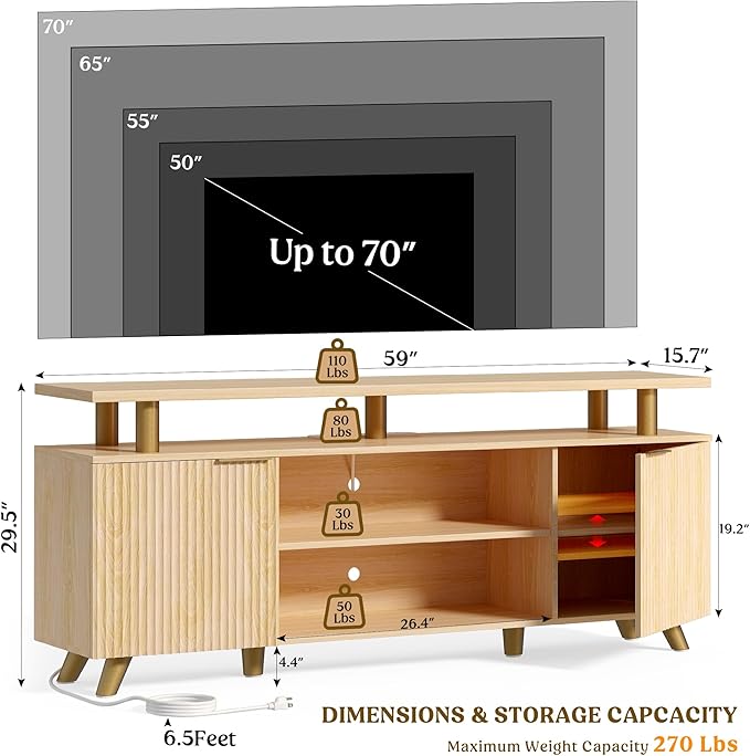 Lulive Modern TV Stand for 55/60/65/70 inch Television, Entertainment Center with Wooden Storage Cabinets and Power Outlet，Media Console for Living Room Bedroom (Natural Oak)