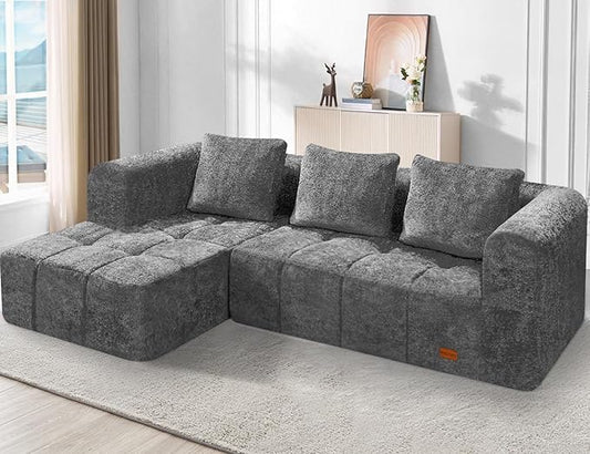 HABUTWAY 105" L-Shaped Modular Sectional Sofa, No Assembly Required Deep Seat Couch with 3 Pillows, Soft Fabric Upholstered, Modern Chaise Lounge for Living Room, Bedroom,Black (Grey)