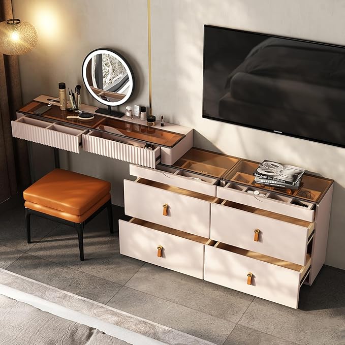 Lartis Makeup Vanity with Stool, Very Easy to Assemble,Retractable TV Cabinet Combination, Dressing Table Desk in one, Super Storage