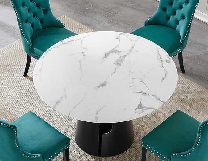 5-Piece Faux Marble Round Dining Table Set for 4, Modern Luxury Kitchen Table Set for 4 with Green Tufted Chairs,Circle Dining Tables with White Marble Grain Top and Black Pedestal Base