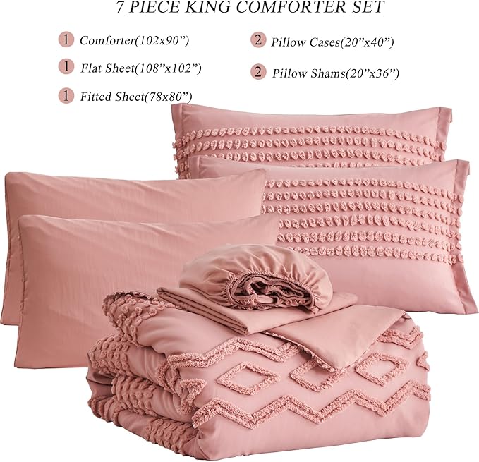 KAKIJUMN Blush Pink Tufted Comforter Set King Size 7 Piece Bed in a Bag, Shabby Chic Boho Comforter and Sheet Set, All Season Soft Microfiber Complete Bedding Set(Pink,King)