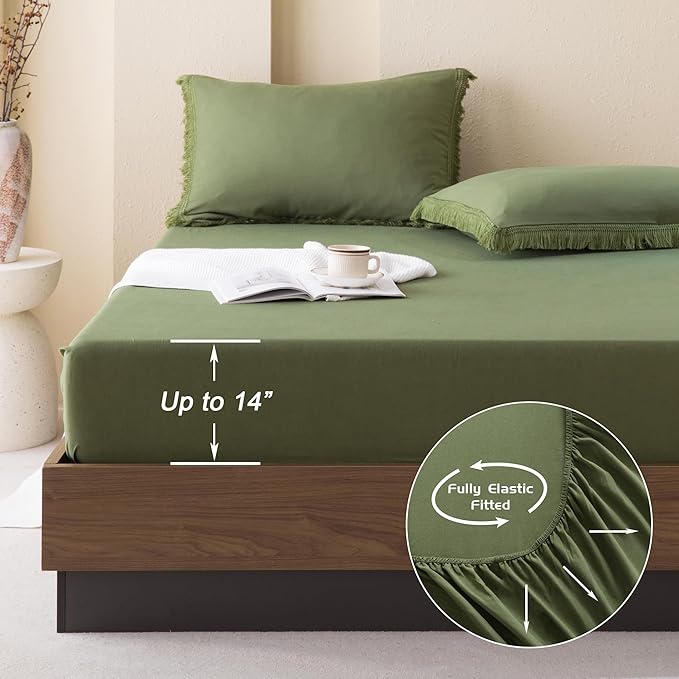 Andency California King Size Comforter Set with Sheets Olive Green - 7 Pieces Cal King Bed in a Bag Boho Bedding Sets, Dark Green Fringe Bed Set with Comforter, Sheets, Pillowcases & Shams