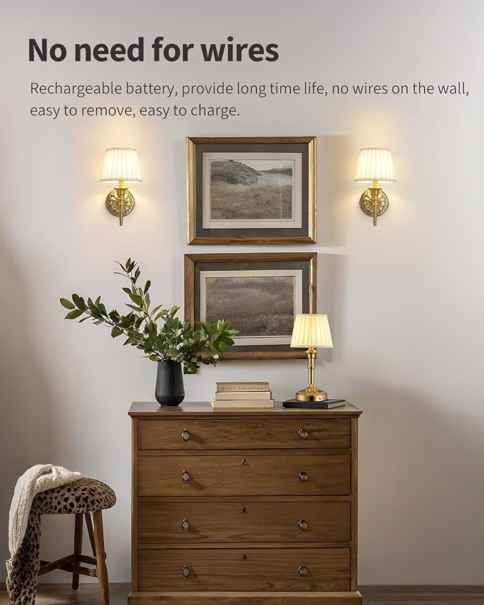 KDG Cordless Wall Sconces Set of 2, Small Wireless 5200mAh Rechargeable Battery Fabric LED Wall Lamps, Portables Lightings for Wall Painting, Living Room, Bedroom, Hallway, Gifts, Night Light (Gold)