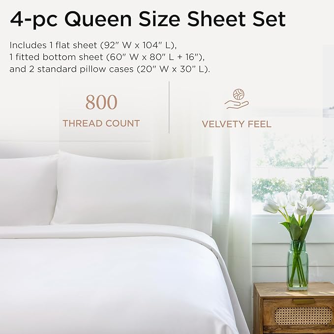 Threadmill Luxury Queen Sheet Set 800 Thread Count for Queen Size Bed - Hotel White Sateen Queen Bed Sheets, Better Than Egyptian Cotton,4 Pc Solid Soft Breathable Bed Set, Fits 16" Deep Pocket