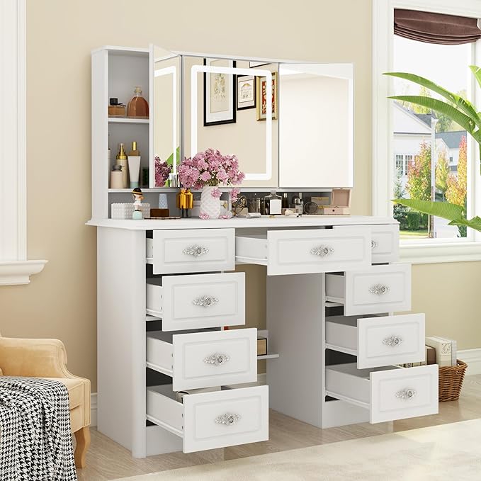 ECACAD Modern Makeup Vanity Desk with Lighted Mirror, Vanity Table Dressing Table with 9 Drawers, Hidden Shelves & Foldable Mirror, 3 Color Lighting Modes, Brightness Adjustable, White