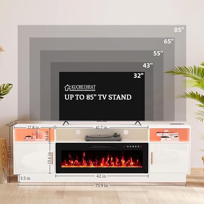 80'' TV Stand with 42'' Fireplace-LED Light Entertainment Center for 90 inch TV-White TV Cabinet with Storage, Modern TV Console for Living Room