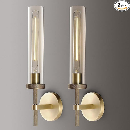 Brass Knurled Wall Sconce 20", Bathroom Wall Sconce Set of Two,Glass Tube Brass Sconces Wall Lighting,Bathroom Sconces Side of Mirror,Vanity Sconce Lights for Bath,Including E26 Light Bulbs