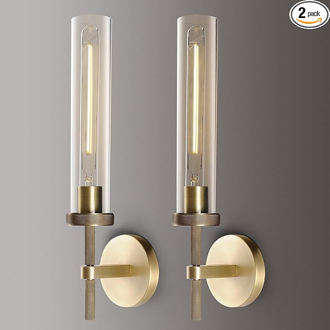 Brass Wall Sconces Set of Two, 19" Knurled Gold Sconces Wall Lighting, Tube Glass Bathroom Sconces Wall Lights for Bedroom Living Room Vanity Sconce Wall Lamp for Hallway, Staircase