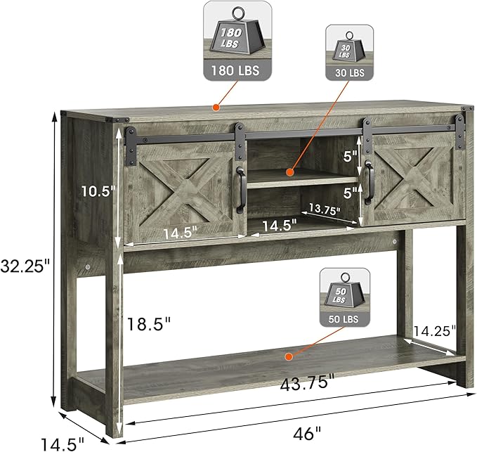 RoyalCraft Console Table with Storage Shelf & Sliding Barn Door, Farmhouse Entryway Table with Storage, 46" Narrow Long Sofa Table, Behind Couch Table, Console Tables for Living Room, Entryway, Foyer