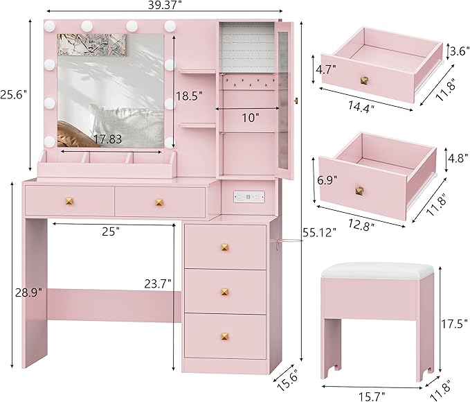 Vanity Desk with Mirror and Lights, Pink Makeup Vanity with 5 Drawers Hidden Jewelry Organizer& LED Glass Cabinet,3 Light Mode and Brightness Adjusted,Vanity Mirror with Lights Desk and Chair