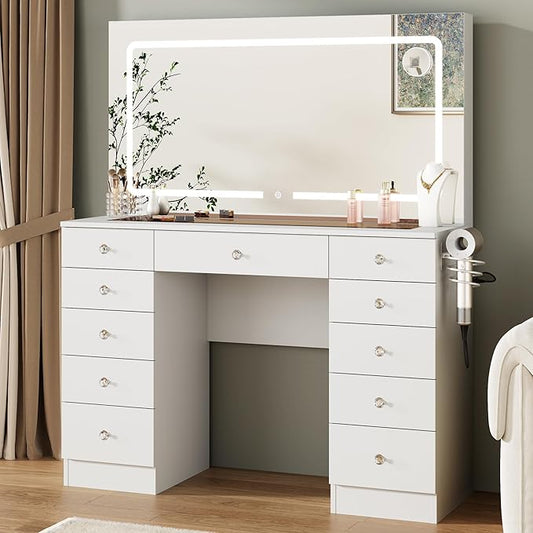 White Vanity with Lighted Mirror, 11 Drawers Vanity Mirror with Lights, 46" Makeup Vanity Desk with 3 Lighting Modes Adjustable Brightness, Vanity with Glass Top for Bedroom