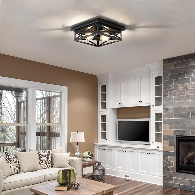 Black Rustic Metal Flush Mount Ceiling Light Fixture, 2-Light Industrial Farmhouse Hallway Light Fixtures, Metal Cage Closed to Ceiling Mounted Lights for Bedroom Kitchen Ceiling Lights