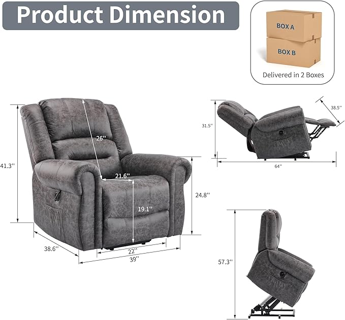 FLEXISPOT Power Lift Recliner Chair for Elderly with Massage & Heat, Faux Leather Electric Reclining Chair for Seniors with USB Ports, Cup Holders & Side Pockets(Medium Size,Charcoal Gray