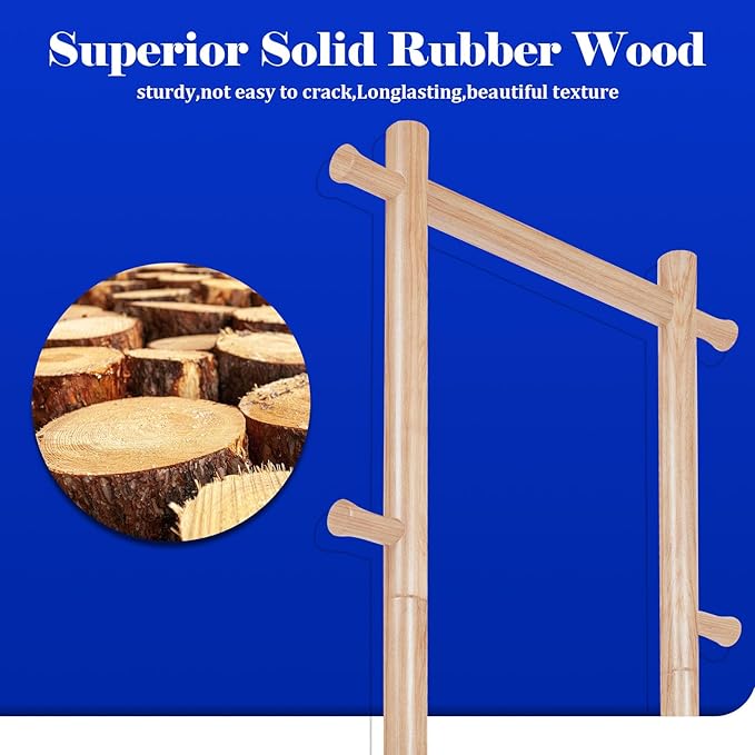 Wooden Coat Rack Freestanding,Hall Tree with Sturdy Base,Clothing Rack for Hanging Clothes,Small Clothes Rack with 3 Storage Shelves,Space Saving for Entryway, Hallway, Bedroom (Natural)